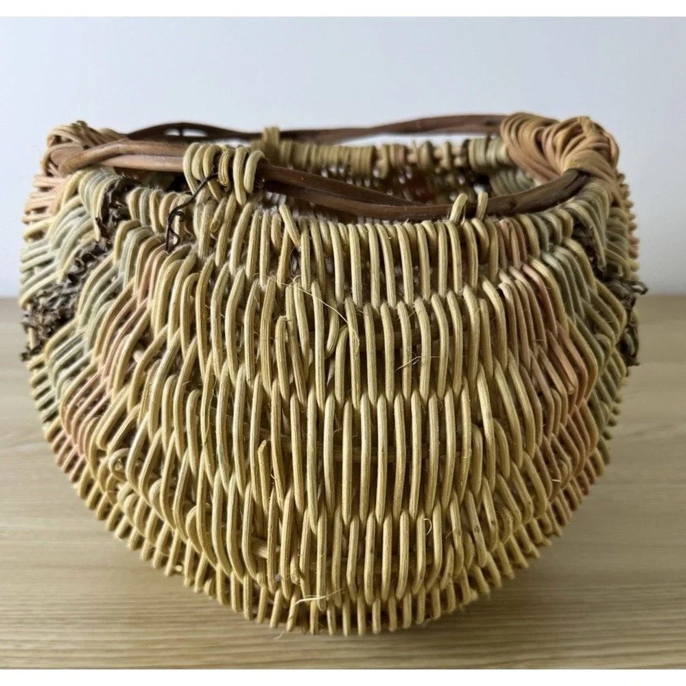 Hand Woven Rattan Wicker Seashell Basket Sculptural Boho Coastal Decor 12